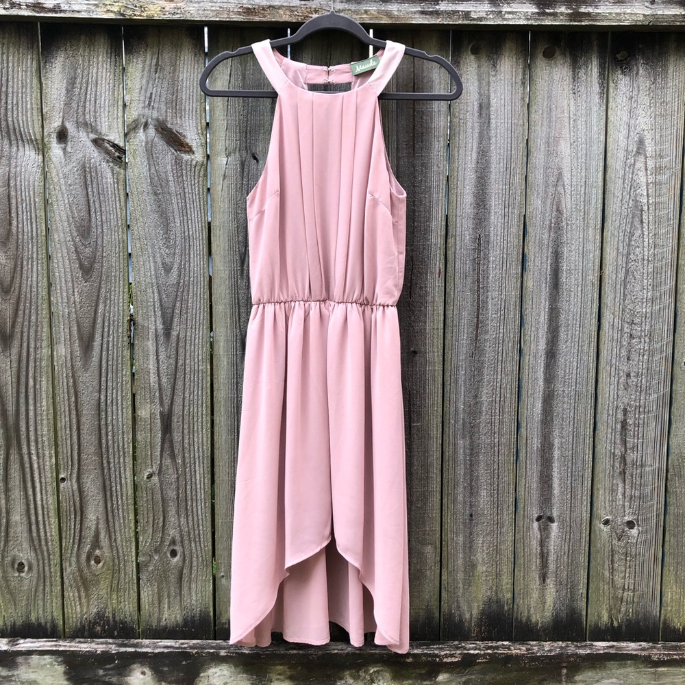 Maude Anthropologie High Low Mini Dress Sz S Rose Pink Halter Strappy Open Back